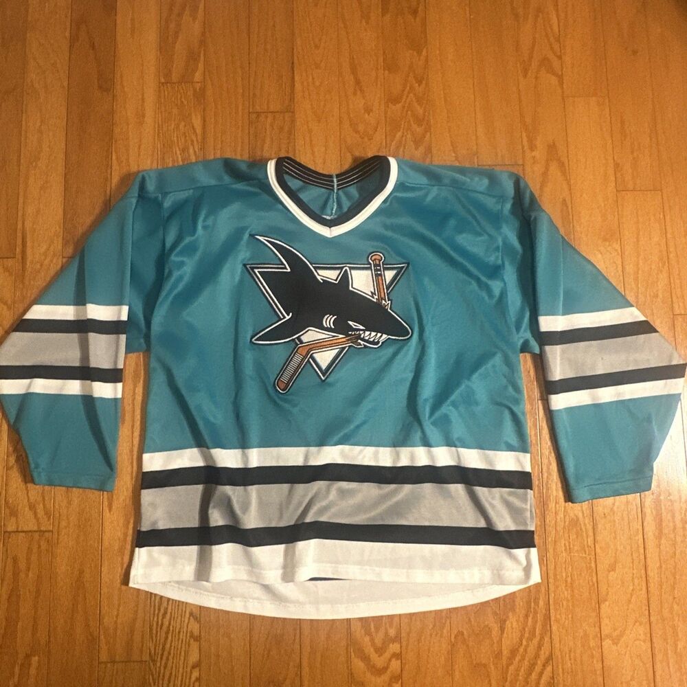 Vintage San Jose Sharks Jersey XL  CCM Maska Made USA White Teal NHL Sewn